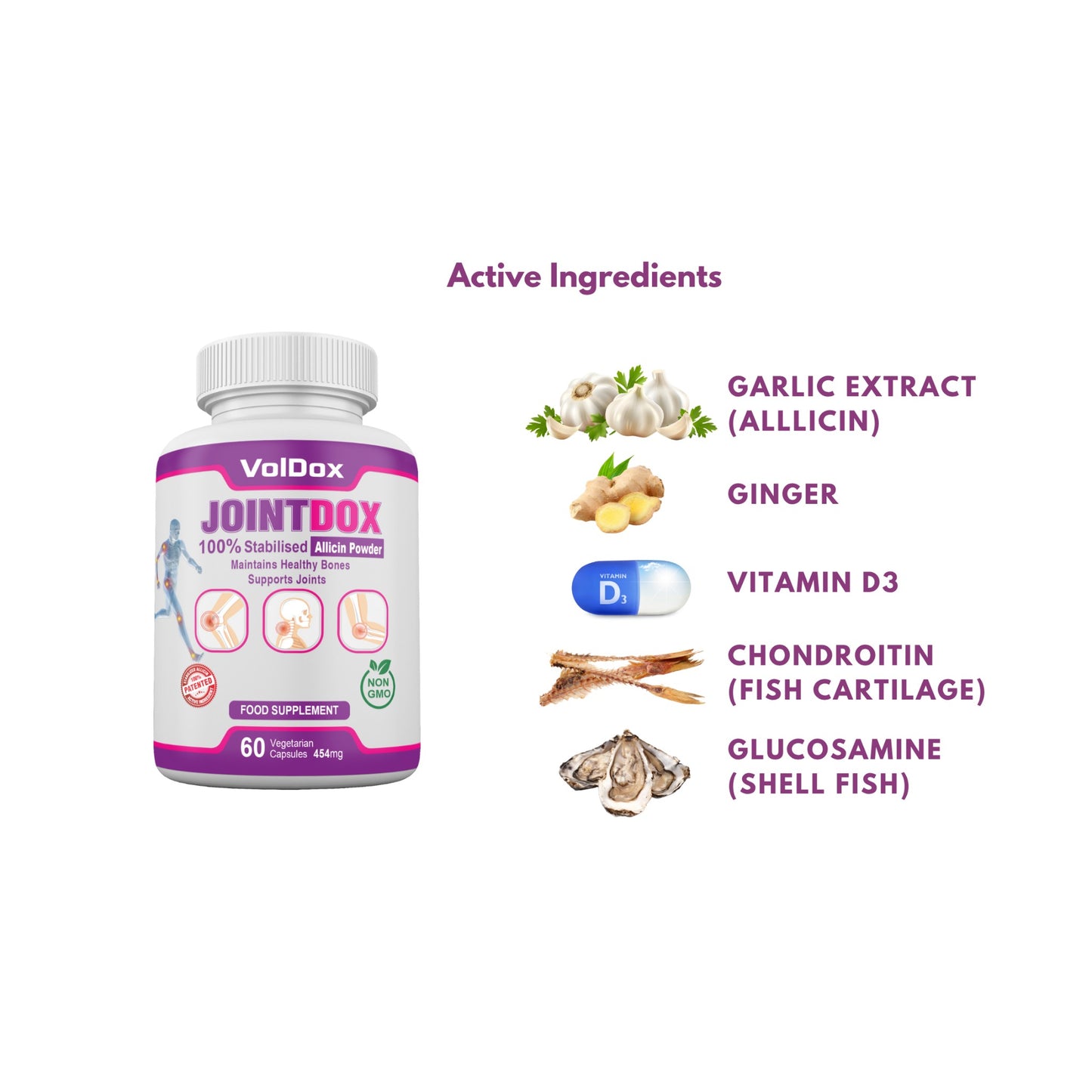 Jointdox – 60 Capsules Joint Pain Relief | Cartilage Support | 100% Stabilised Allicin + Glucosamine, Chondroitin, Ginger, Vitamin D3