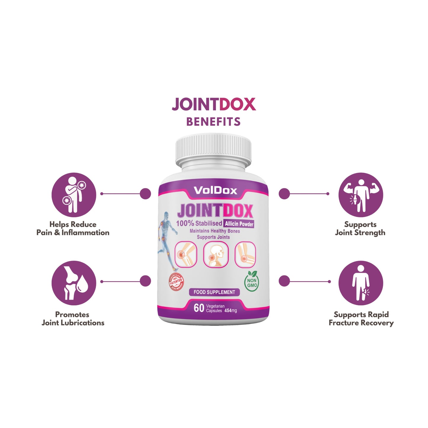 Jointdox – 60 Capsules Joint Pain Relief | Cartilage Support | 100% Stabilised Allicin + Glucosamine, Chondroitin, Ginger, Vitamin D3