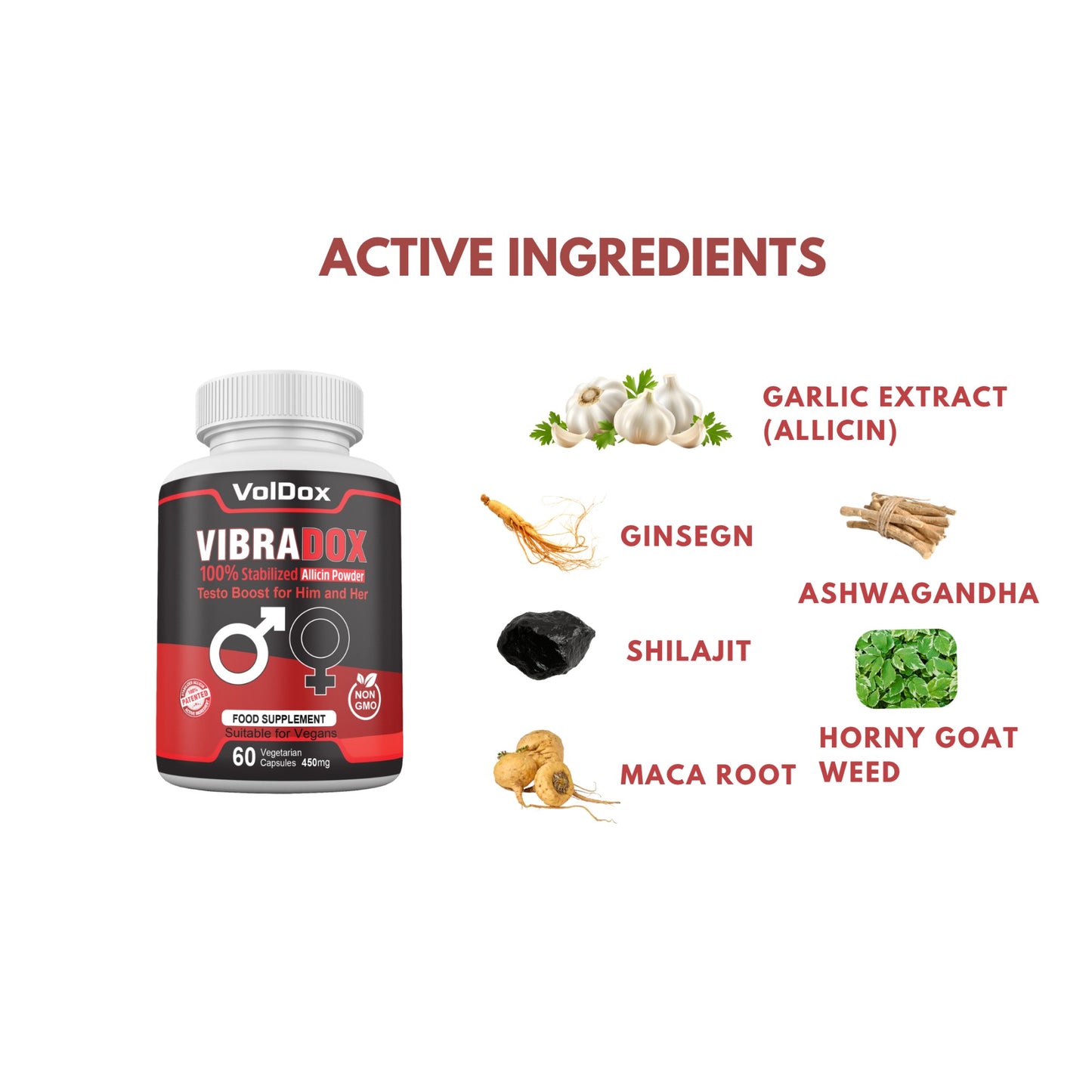 Vibradox – 60 Capsules Natural Libido Enhancer | ED Support | Male & Female Sexual Health | Allicin + Ginseng + Maca + Horny Goat Weed