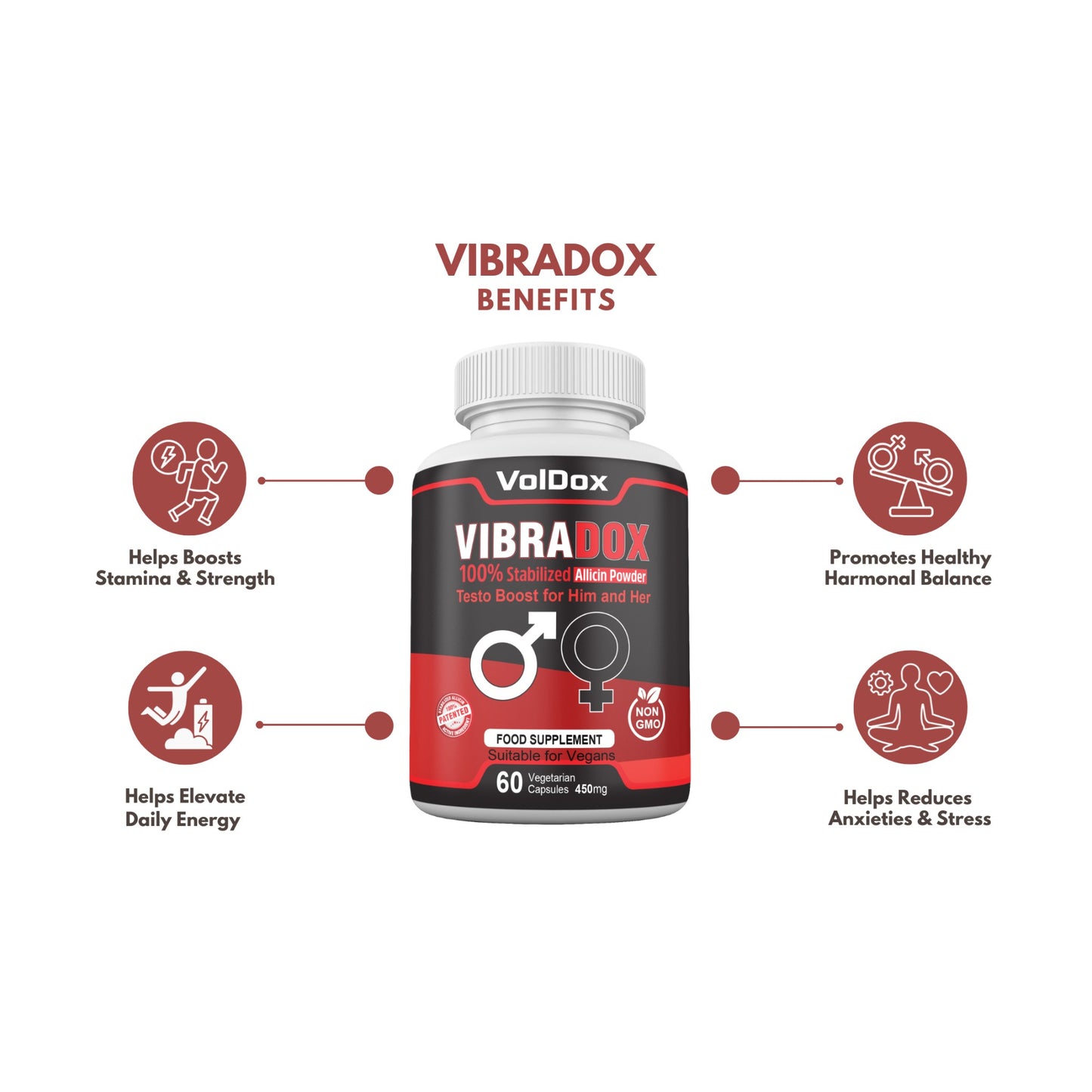 Vibradox – 60 Capsules Natural Libido Enhancer | ED Support | Male & Female Sexual Health | Allicin + Ginseng + Maca + Horny Goat Weed