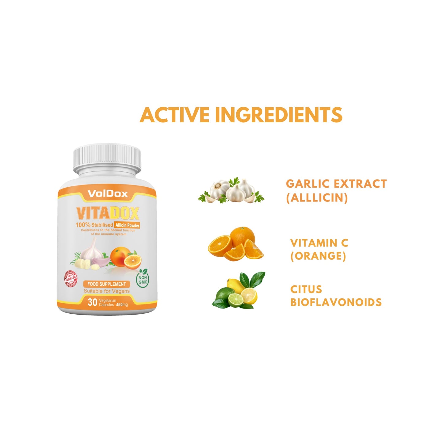 Vitadox – 30 Capsules Immune Support Formula | 100% Stabilised Allicin + Vitamin C + Citrus Bioflavonoids | Natural Antioxidant & Cold Defense
