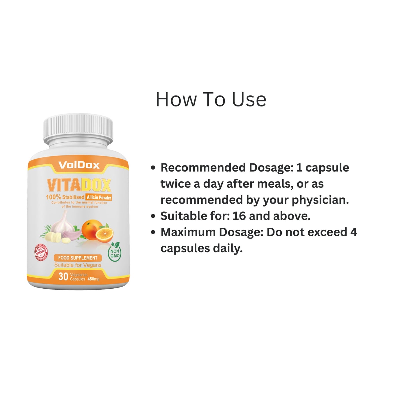 Vitadox – 30 Capsules Immune Support Formula | 100% Stabilised Allicin + Vitamin C + Citrus Bioflavonoids | Natural Antioxidant & Cold Defense