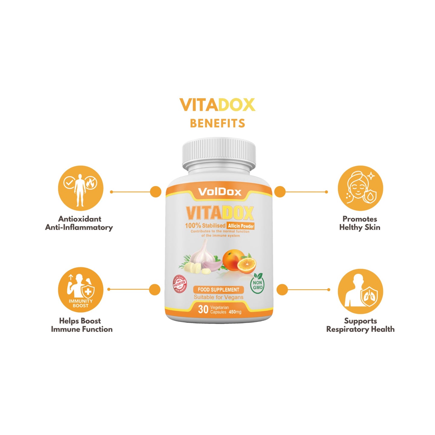 Vitadox – 30 Capsules Immune Support Formula | 100% Stabilised Allicin + Vitamin C + Citrus Bioflavonoids | Natural Antioxidant & Cold Defense