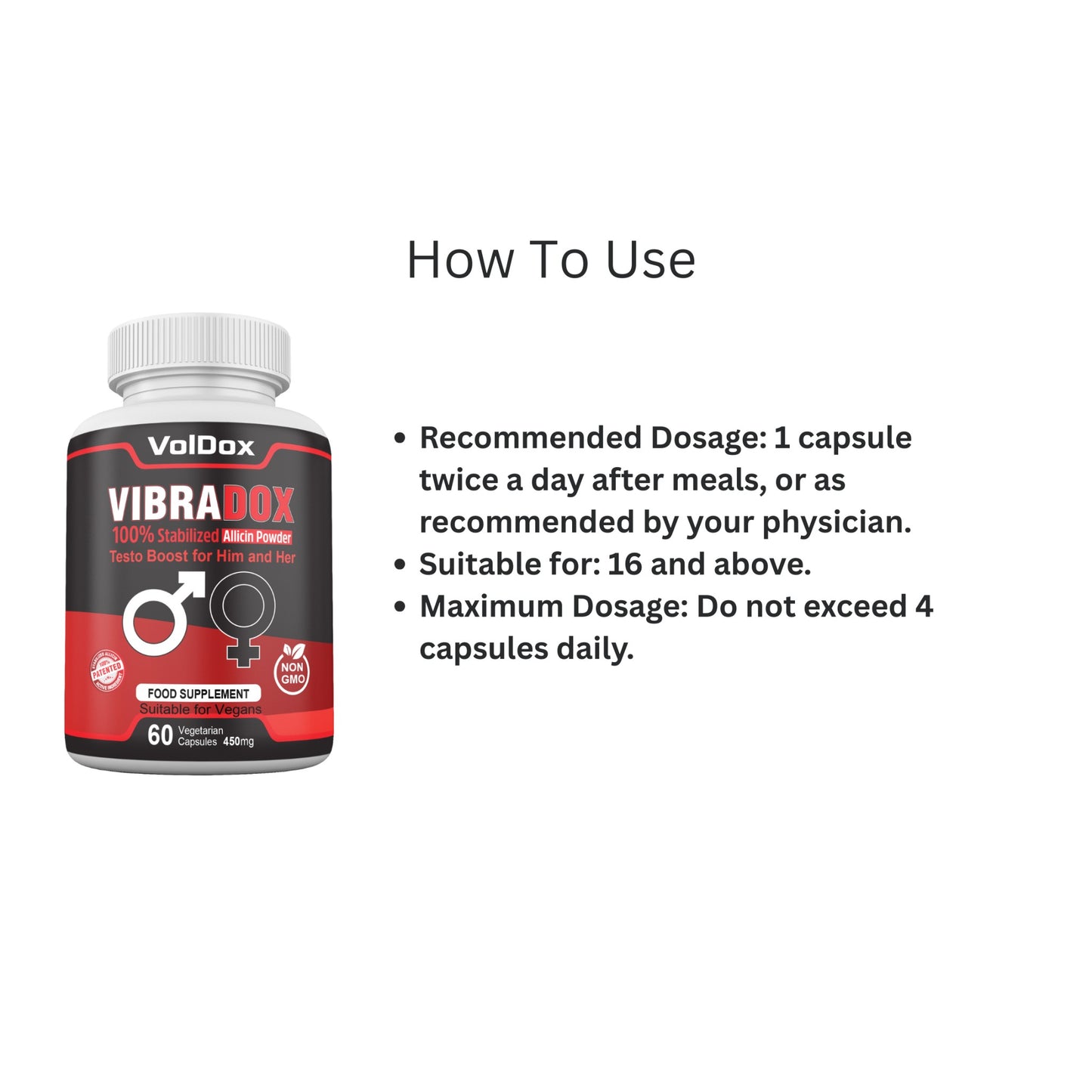 Vibradox – 60 Capsules Natural Libido Enhancer | ED Support | Male & Female Sexual Health | Allicin + Ginseng + Maca + Horny Goat Weed